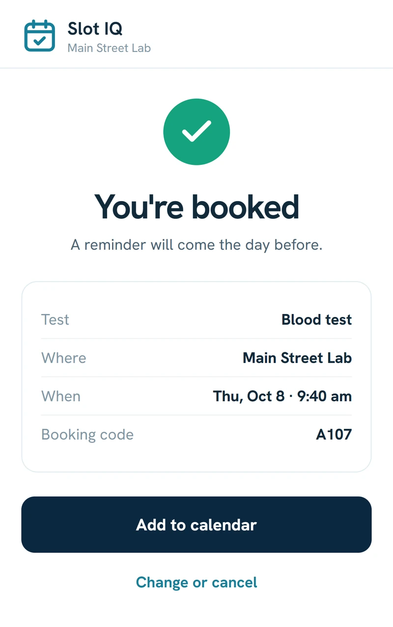 The online booking screen: a confirmed booking for a blood test at Main Street Lab, code A107