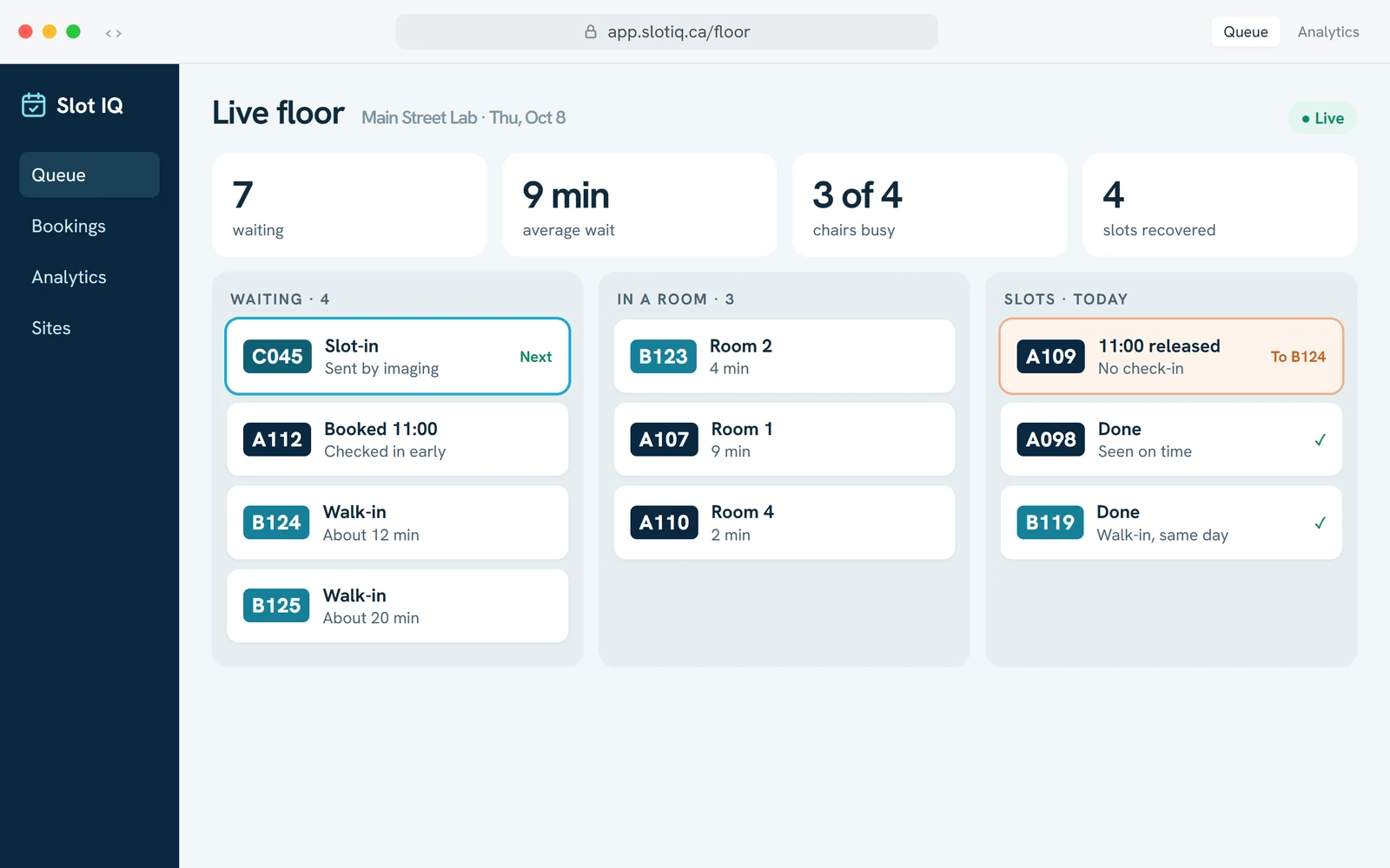 The live floor in a browser: who is waiting, who is in a room, and a released slot offered to a walk-in