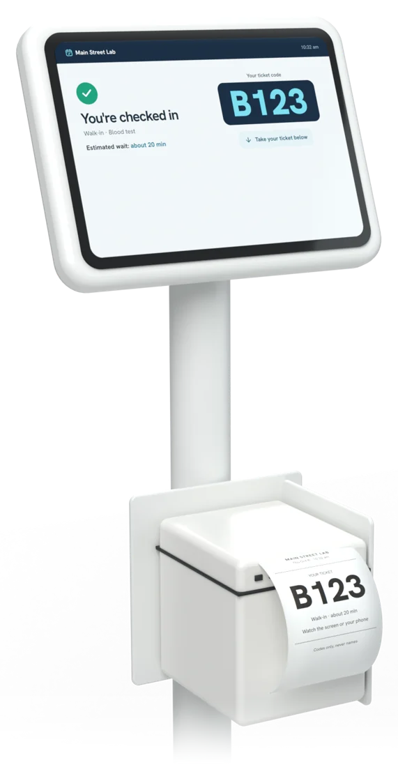 The check-in kiosk: a touchscreen on a floor stand showing B123, with a receipt printer printing ticket B123