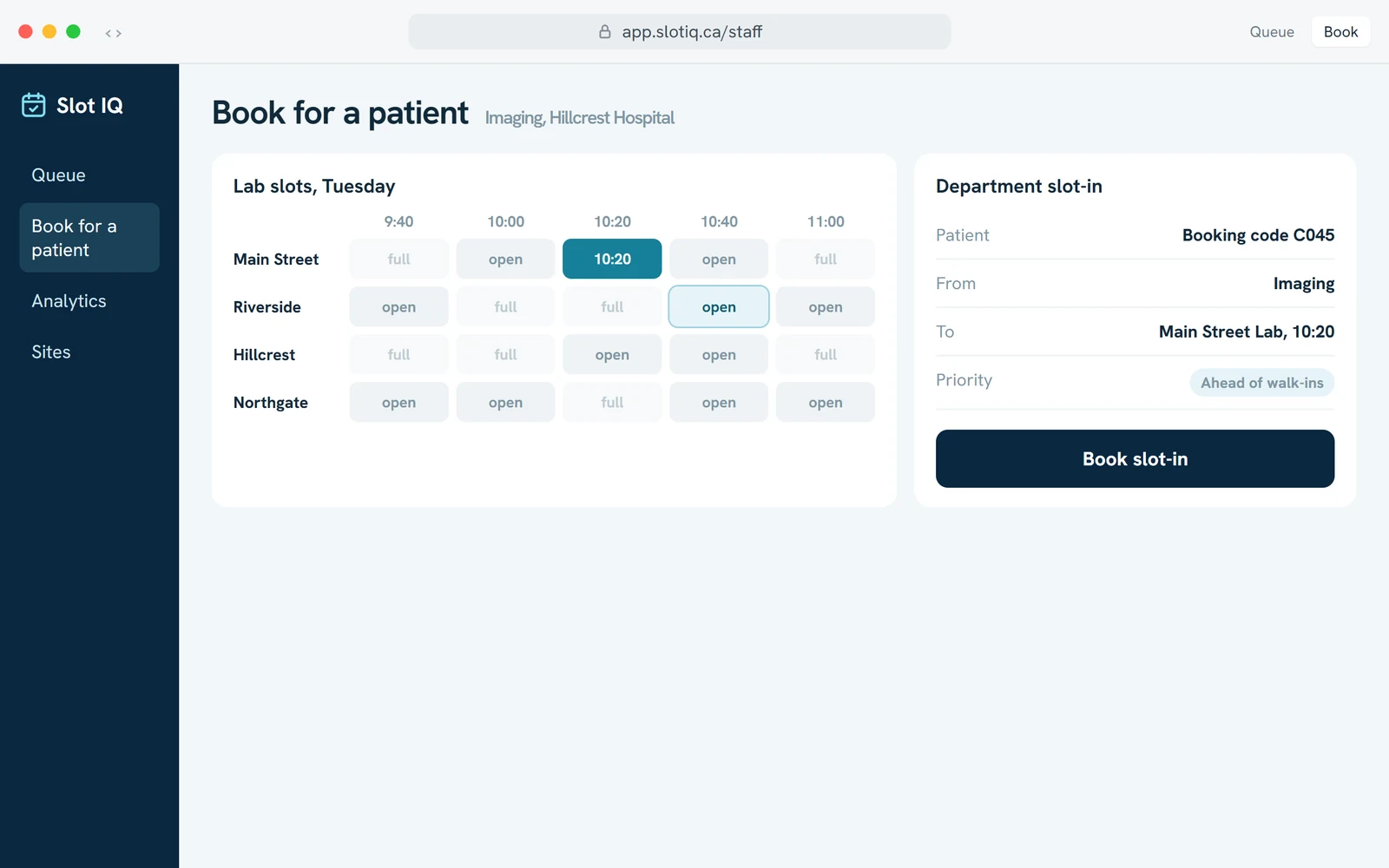 Staff booking in a browser: lab slots by site and a department slot-in form